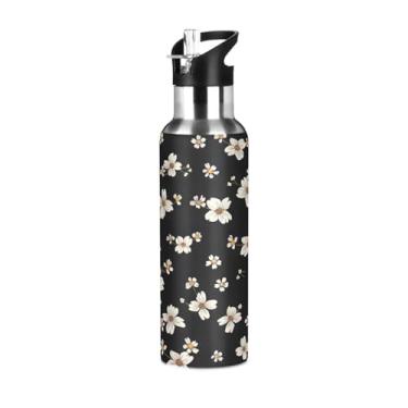 Imagem de Wassud Garrafa de água preta margaridas de aço inoxidável esportiva com canudo garrafas de água isoladas copo portátil de viagem 623 g