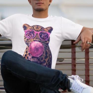 Imagem de Camiseta Tigre Óculos Rosa Chiclete Estampa Premium Algodão Confortáve