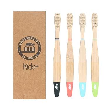 Imagem de Seaturtle Kids Escova de dentes de bambu com cerdas à base de plantas – Pacote com 4 – Cerdas naturais macias para gengivas sensíveis – Recicláveis Biodegradáveis Zero Waste Produtos sustentáveis Ecológicos