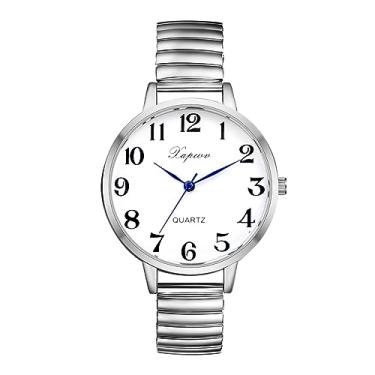 Imagem de Avaner Relógio feminino com mostrador grande, fácil leitura, pulseira elástica, relógio de pulso, Prata, Moderno
