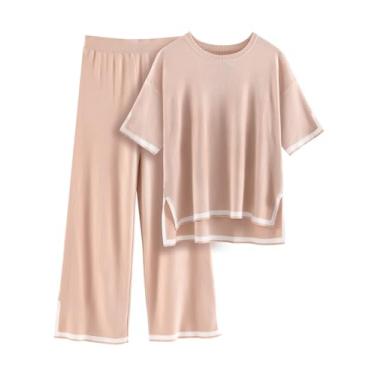 Imagem de Jyanl Conjunto de 2 peças de suéter feminino de malha combinando, blusa de manga curta e calça de perna larga com cintura elástica, Caqui, Medium