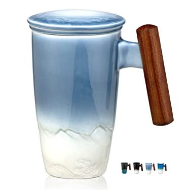 Imagem de Tomotime Caneca de chá de cerâmica com infusor e tampa de chá com alça de madeira, z-Blue