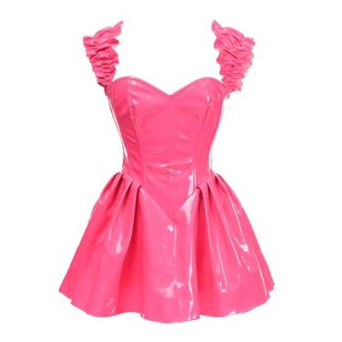 Imagem de Daisy corsets Espartilho feminino plus size com gaveta superior com barbatanas de aço rosa choque PVC envernizado, rosa, 3X