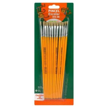 Imagem de Kit Pincel Escolar Chato C/12 N06 Artístico P/Guache Artesanato Cabo L