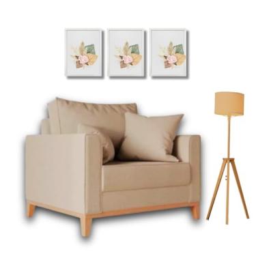 Imagem de Poltrona Beny Individual em Linho, Base em Madeira, Com 2 Almofadas (Bege)