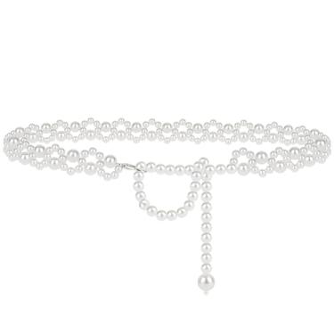 Imagem de Cinto de corrente plus size para mulheres, correntes de cintura de pérola branca, corrente elástica extralonga para o corpo, corrente grossa de ajuste flexível máximo de 159 cm, XX-Large
