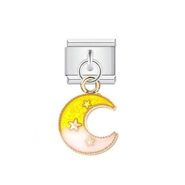 Imagem de Pulseira italiana berloques de aço inoxidável 9 mm elo módulo DIY joias lua e estrela, Small, Aço inoxidável, Zircônia cúbica