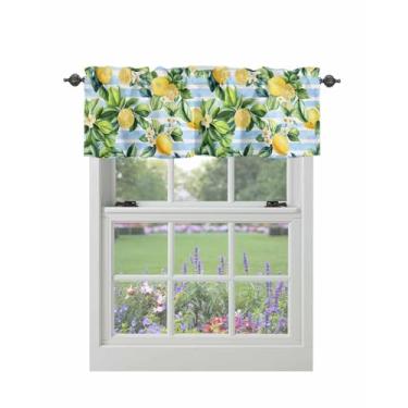 Imagem de Cortina sanfonada para janelas folhas de limão floral haste bolso sanefa tratamentos de janela listras azuis cortinas curtas para cozinha janelas sala de estar quarto decoração 106,66 x 30,5 cm