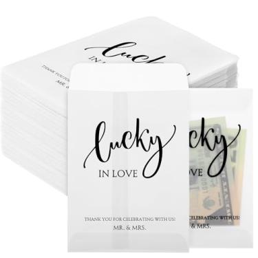 Imagem de MotiMind Pacote com 50 lembrancinhas de casamento para convidados Envelope de vidro Lucky in Love Porta-cartões pequenos de loteria com mensagem de agradecimento para chá de panela, 4,72 x 3,36