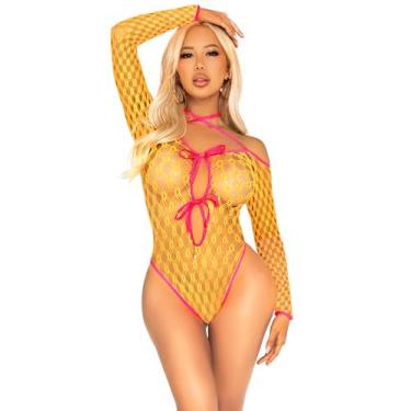 Imagem de Leg Avenue Ursinho de pelúcia feminino com detalhe de fechadura frontal, laranja neon, tamanho único, Laranja neon, One Size