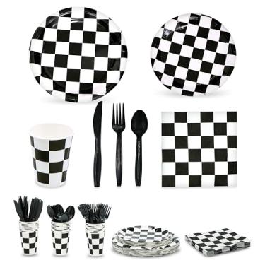 Imagem de Conjunto de artigos de festa quadriculados para servir 24 - pratos, copos, guardanapos, talheres - para decoração de mesa de artigos de festa de aniversário de carro de corrida 4E's Novelty