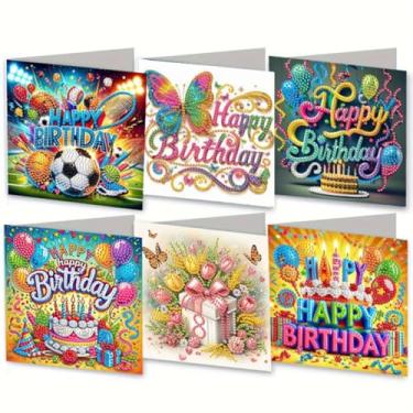 Imagem de MaiYiYi Pacote com 6 cartões comemorativos DIY Happy Birthday Diamond Art, Kit de cartões comemorativos com pintura de diamante de bolo, cartões de pintura de diamante de borboleta, para amigos da