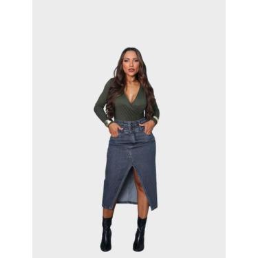 Imagem de Saia Feminina Jeans Maxi Cós Duplo - r, 38, Cinza