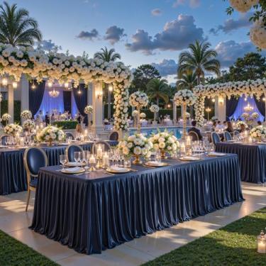 Imagem de Toalha de mesa azul marinho com glitter para mesas retangulares de 1,8 m, saia de mesa de festa brilhante com babados, resistente a rugas, saia de mesa de cetim lavável para feiras, festas