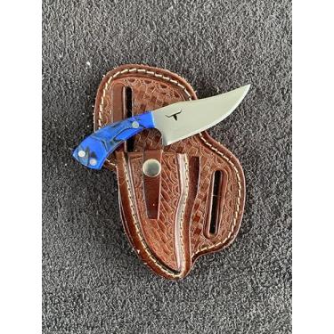 Imagem de Mini Faca Campeira Tatuzinha Skinner Muladeira Artesanal 13cm, Lâmina Inox 7cm, Cabo Madeira Muirapiranga ou Resina, com Bainha Couro Legítimo – Versátil para Camping, Pesca e Uso Diário (Azul)