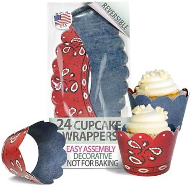 Imagem de Bandana Cupcake Wrappers, 36, Farm Animal Party Supplies, Western Cowboy Birthday Decorations, Wild West Denim Cup Cupcake Liners, Rodeo Tema Favor Bag Holder, Train Tematic Baby Show, Barn Wedding