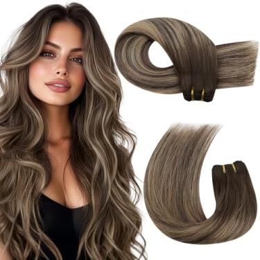 Imagem de Moresoo Extensões de Cabelo Humano Real Trama Marrom Escuro Destaque Caramelo Loiro Extensões de Cabelo Humano Costurado Liso Remy 100 g 61 cm