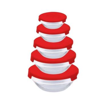 Imagem de Conjunto Com 5 Potes Redondo De Vidro Com Tampa Vermelha