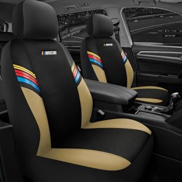 Imagem de NASCAR Capas de assento de carro, capas de assento de couro bege e malha, capas de assento dianteiro de ajuste universal para carros com design compatível com airbag, interior de carro durável