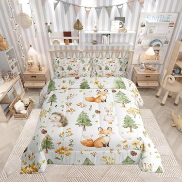 Imagem de Manfei Jogo de cama King com desenho animado, coelho, raposa, ouriço, para quarto de crianças, meninos, adolescentes e adultos, aquarela com 2 fronhas