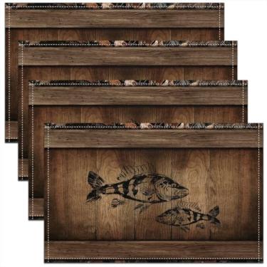 Imagem de Erosebridal Conjunto de 4 tapetes limpáveis de peixe em aquarela para mesa de jantar e pátio, jogo americano de pesca e caça 30 x 45 cm, tapetes de mesa rústicos de fazenda, tapetes de madeira