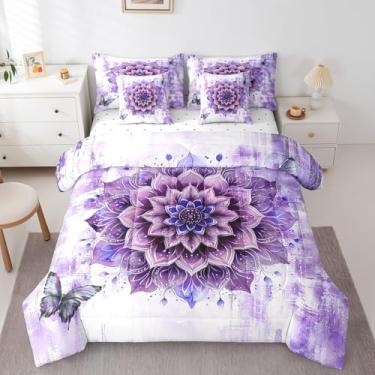 Imagem de Erosebridal Conjunto de edredom de 7 peças, floral, chique, tamanho Queen, para meninas e mulheres, mandala, roxo, com pintura a óleo, vintage, aquarela