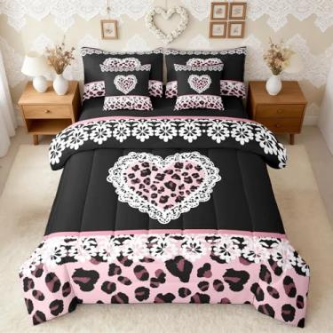 Imagem de Feelyou Conjunto de edredom com estampa de leopardo damasco, 7 peças, solteiro, fofo, estampa de coração de guepardo, para crianças, meninos, meninas, cama de renda branca em uma bolsa, rosa, amor