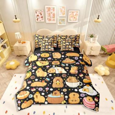 Imagem de Jogo de cama solteiro de 7 peças de capivaras divertidas, cama para amantes de capivara, jogo de cama de animal roedor fofo inclui edredom, conjunto de lençóis, fronhas e fronhas, decoração de quarto