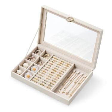 Imagem de bussdis Caixa organizadora de joias com tampa de vidro – Estojo de joias de veludo bege com compartimentos para anéis, ganchos de colar e compartimentos removíveis para brincos, anéis e pulseiras