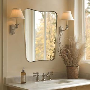 Imagem de MIRRORART Espelho dourado para banheiro, espelhos assimétricos para parede, espelho de vaidade vintage, espelho irregular em aço inoxidável, espelho de latão antigo 55 x 76, espelhos ondulados