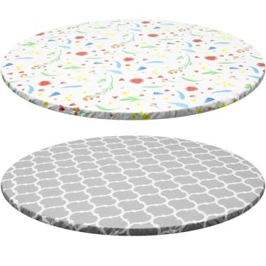 Imagem de 2 peças de toalha de mesa redonda, diâmetro 110-140 cm toalhas de mesa decorativas de fazenda com borda elástica, capa de mesa à prova d'água resistente a manchas à prova de derramamento para jantar