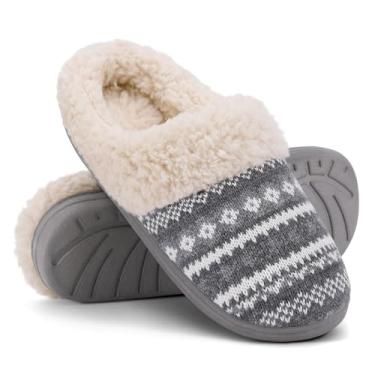 Imagem de Evshine Pantufas femininas de tricô para casa felpudas com espuma de memória forrada com lã para uso interno e externo, Cinza, 11-12