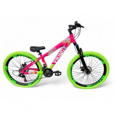 Imagem de Bicicleta Aro 26 Vikingx Tuff Freeride 21v Aro Vmaxx Freio A Disco Garfo Suspensão Pneu Flame rosa-Verde X25