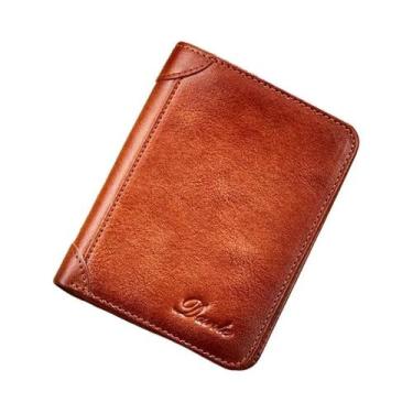 Imagem de Carteira Masculina Antifurto RFID De Couro Genuíno Vertical Tripla Dob