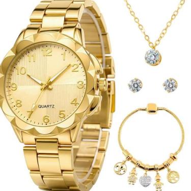 Imagem de Relogio Feminino Aço Inox Banhado + Colar Strass + Brincos ouro presen