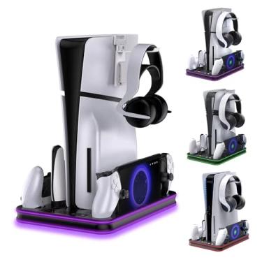 Imagem de Carregador PlayStation Portal, suporte PS5 e estação de resfriamento com controlador LED RGB, acessórios de base de carregamento, controlador PS5 Edge e carregador PS Portal, fone de ouvido e suporte