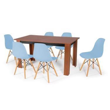 Imagem de Conjunto Mesa De Jantar 150x80cm Com 6 Cadeiras Azul Claro