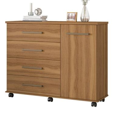 Imagem de Cômoda Flora D02 4 Gavetas 1 Porta em MDF Acabamento Fosco Amêndoa para Quarto com Rodí...