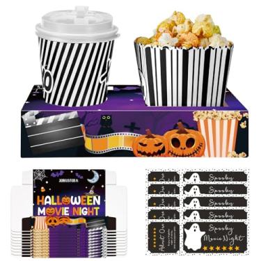 Imagem de Spiareal Conjunto de 24 suprimentos para a noite de cinema de Halloween com cartões de ingressos, bandejas de lanche de papel noturno de filme, suporte de pipoca, doces, caixas de lanche para teatro