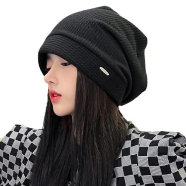 Imagem de Aobiono Gorro feminino Y2K gorro desleixado de malha boina skully boné coreano harajuku preppy fada grunge outono inverno academia, Preto, tamanho �nico