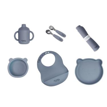 Imagem de Freso Baby Kit Alimentação de Bebê Silicone Atóxico Livre de BPA Introdução Alimentar BLW Pratinhos Babador Talheres Completo 7 Peças Urso Cinza