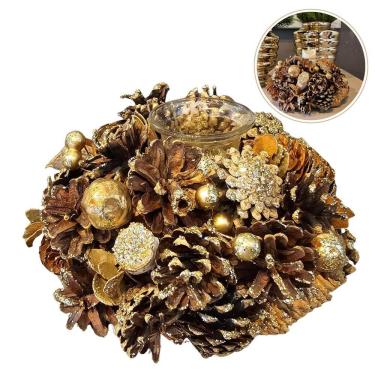 Imagem de Castiçal Natalino Pinhas Dourado Para 1 Vela Decoração Natal