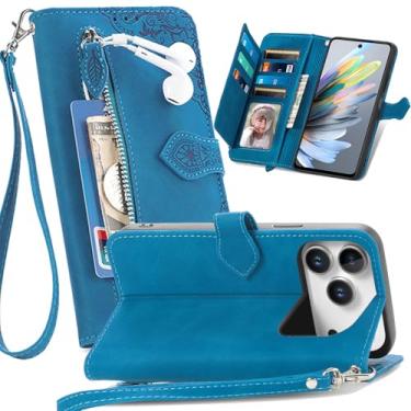 Imagem de Fofvccv Capa carteira com zíper para Apple iPhone 17 Pro Max, capa flip de couro PU retrô em relevo com 7 compartimentos para cartão, suporte e alça de pulso para iPhone 17 Pro Max – Azul SZY