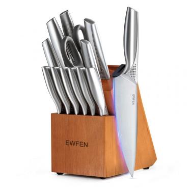 Imagem de Conjunto de Facas de Cozinha EWFEN 14 Peças Prata com Afiador Integrado e Cabo Ponto Côncavo