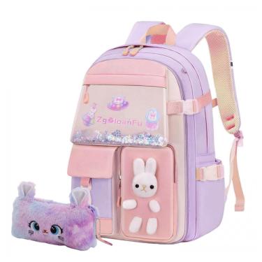 Imagem de Mochila escolar infantil kistou coelho kawaii, oxford impermeável, grande capacidade, roxa