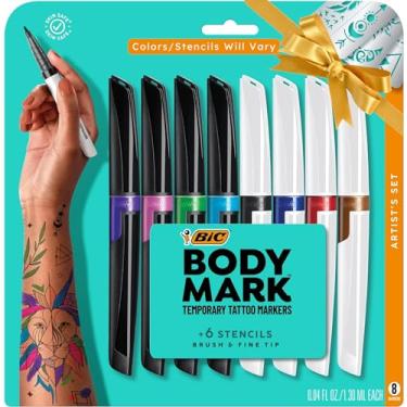 Imagem de BIC Marcadores de tatuagem temporária BodyMark para pele, coleção de cores, ponta de pincel flexível, pacote com 8 cores sortidas, seguro para a pele*, qualidade cosmética (MTBP81-AST) (pacote com 6, 48 unidades no total)