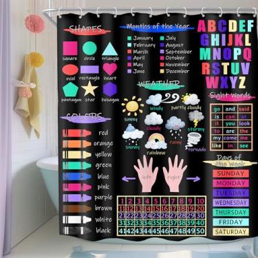 Imagem de Imirell Cortina de chuveiro educativa infantil 152 cm L x 182 cm A boho aquarela alfabeto conhecimento meteorológico números pastel formas cores tecido infantil poliéster impermeável com pacote com 12