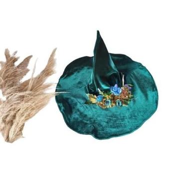 Imagem de Chapéu bruxa veludo na cor verde escuro luxuoso com flores - Princesa 