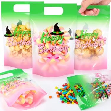 Imagem de Sweetude 50 peças de sacos de aniversário rosa e verde, bolsa selada com tema de princesa, bolsa selada, sacos de plástico para festa de bruxa com alças para chá de bebê, doces, suprimentos de