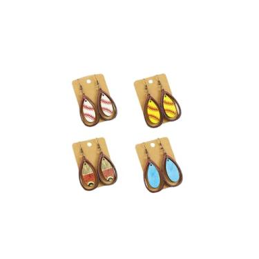 Imagem de 4 pares de brincos de bola esportiva retrô com pingente de madeira, gota, vazado, beisebol, estampado, tênis, madeira, presente, Acrílico, Sem pedra preciosa